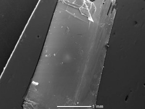 Elektronenmikroskopische Aufnahme eines Einkristalls von schwarzem Arsen-Phosphor. Im oberen Bildabschnitt sieht man eine beginnende Schichtablösung – Bild: Marianne Köpf / TU München