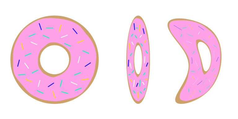 Ein Doughnut unter verschiedenen geometrischen Transformationen. Aus mathematischer Sicht bleibt der Doughnut ein Doughnut, solange er nur ein Loch hat –  egal wie sehr er verformt wird. | Bild: ISTA