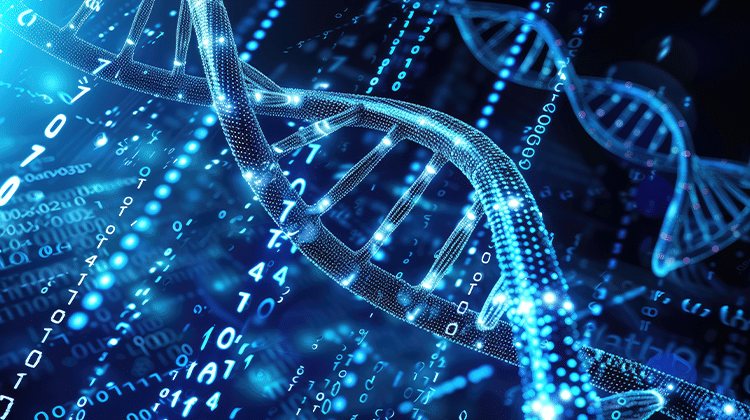 Zero-Day Sicherheitsanalyse für Binärdateien: DNA-Stränge inmitten eines Binärcodes | Bild: Meow Creations